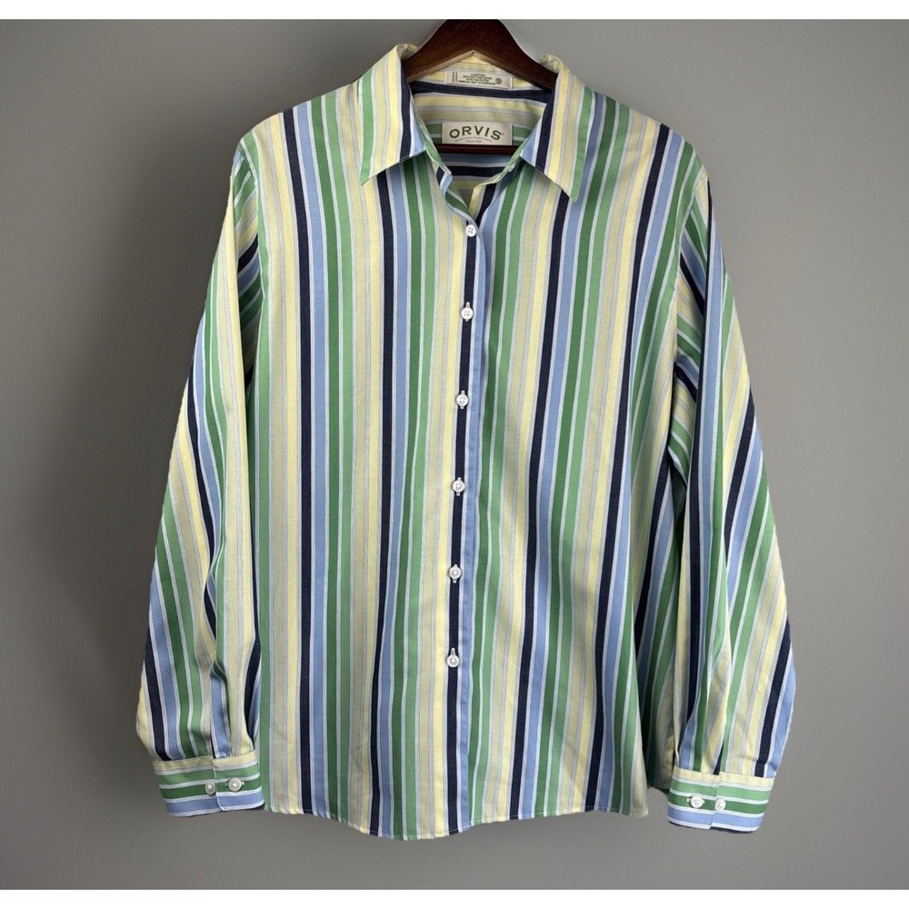 Orvis Women's‎ 16 Carefree Shirt Button Green Yellow Stripe Preppy Classic